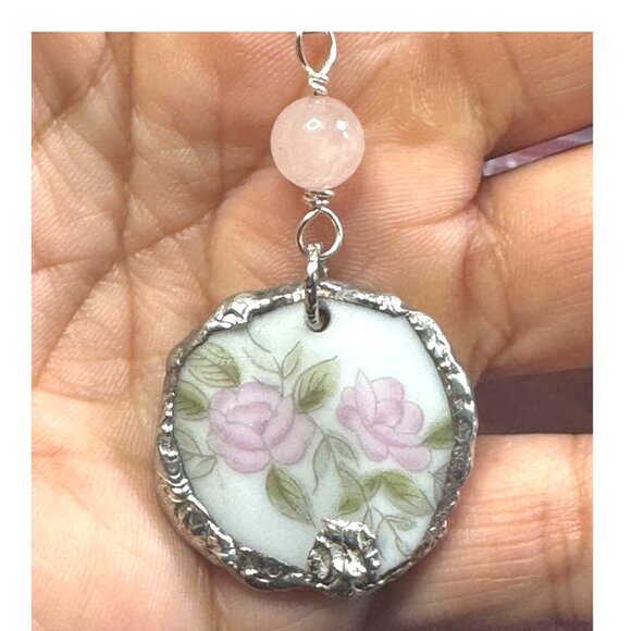 Artisan Jewelry - Vintage Broken Bone China Pendant W/ 925 Silver Chain & Rose Quartz Charm